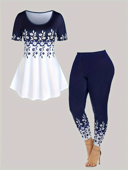 Plus Size Ladies Casual Flower Print Round-Neck Short-Sleeved Shirt And Printed Pants Two-Piece Set