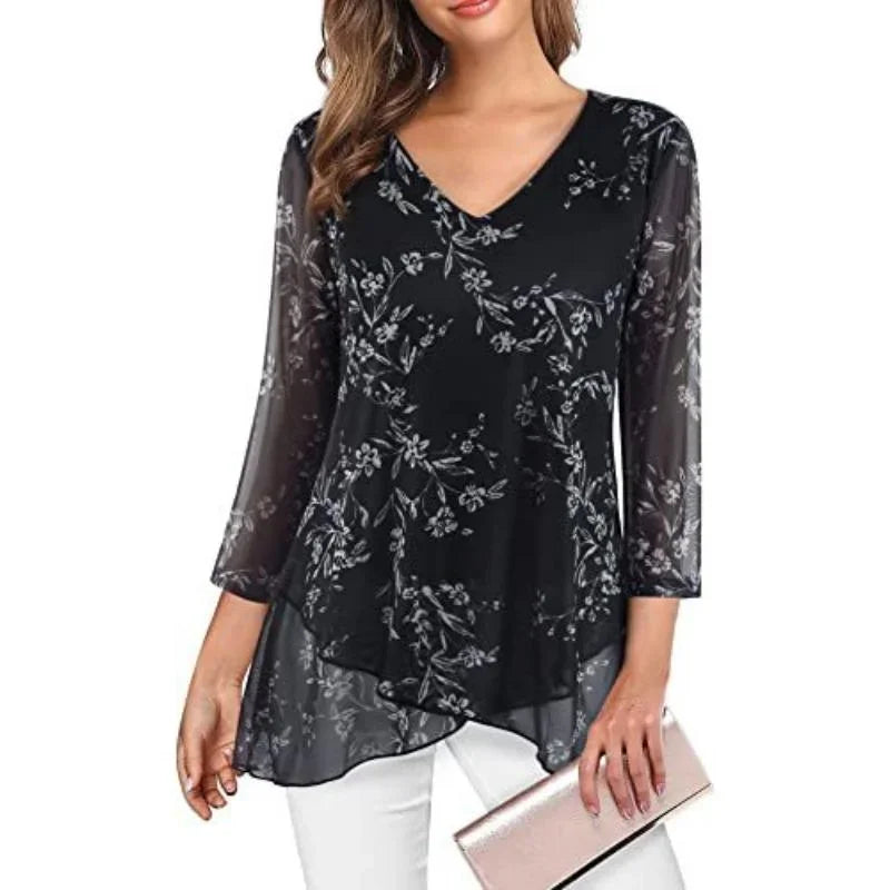 Women's V Neck Asymmetric Blouse.  S-2X