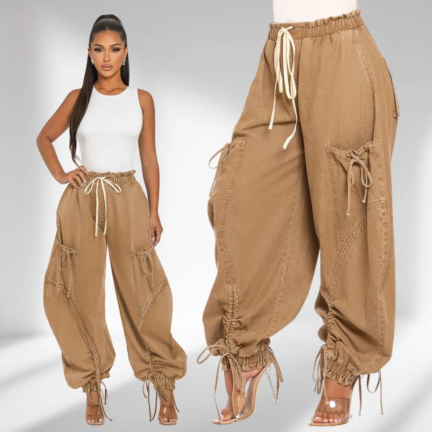 Women Street wear Drawstring Fashion Denim Pants Loose Safari Style Cargo Harem Hip Hop Jeans.  S-2x