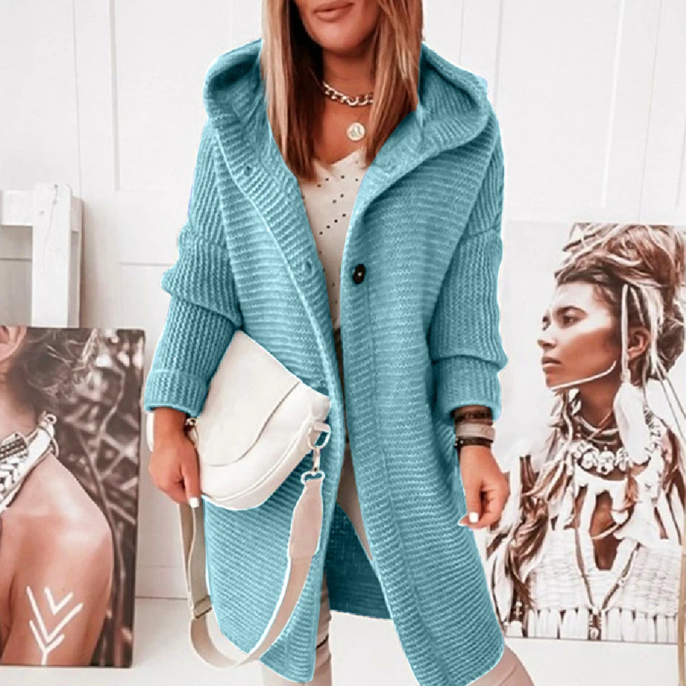 Women Solid Hooded Button Long Sleeve Cardigan Sweater Casual Loose Outwear.  S-XL