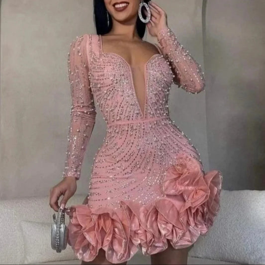 Long Sleeve V Neck Sexy Glittering Diamond Bodycon Mini Dress. S-2xL