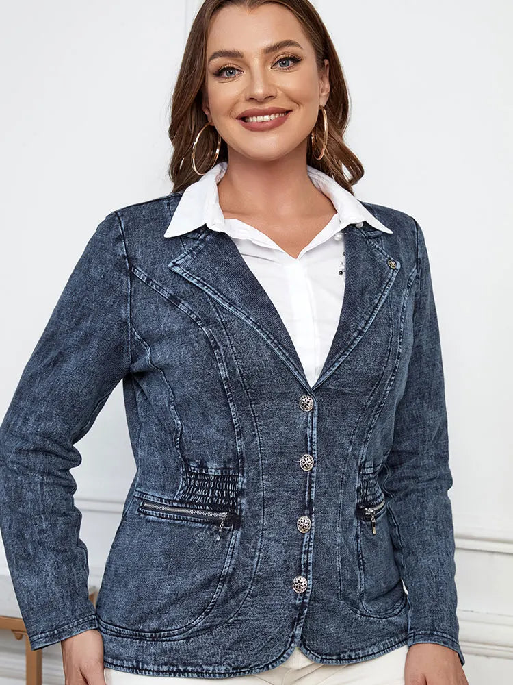 Women's plus Size Casual Denim Jacket Loose Fit Classic Style Button Detailing Long Sleeve