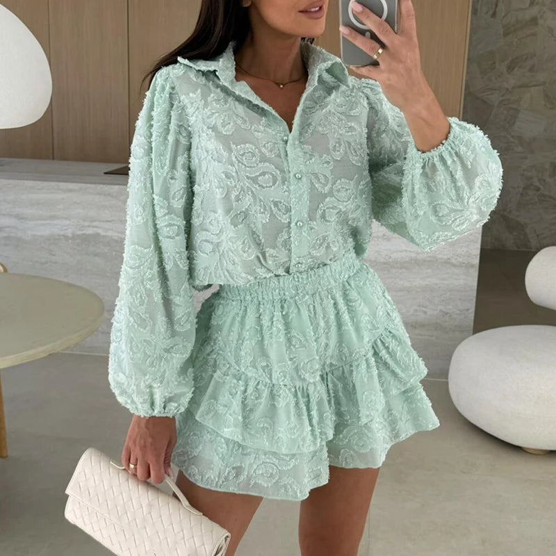 Long Sleeved Outfit 2025 Summer Lace Ruffle Loose Two Piece Set.