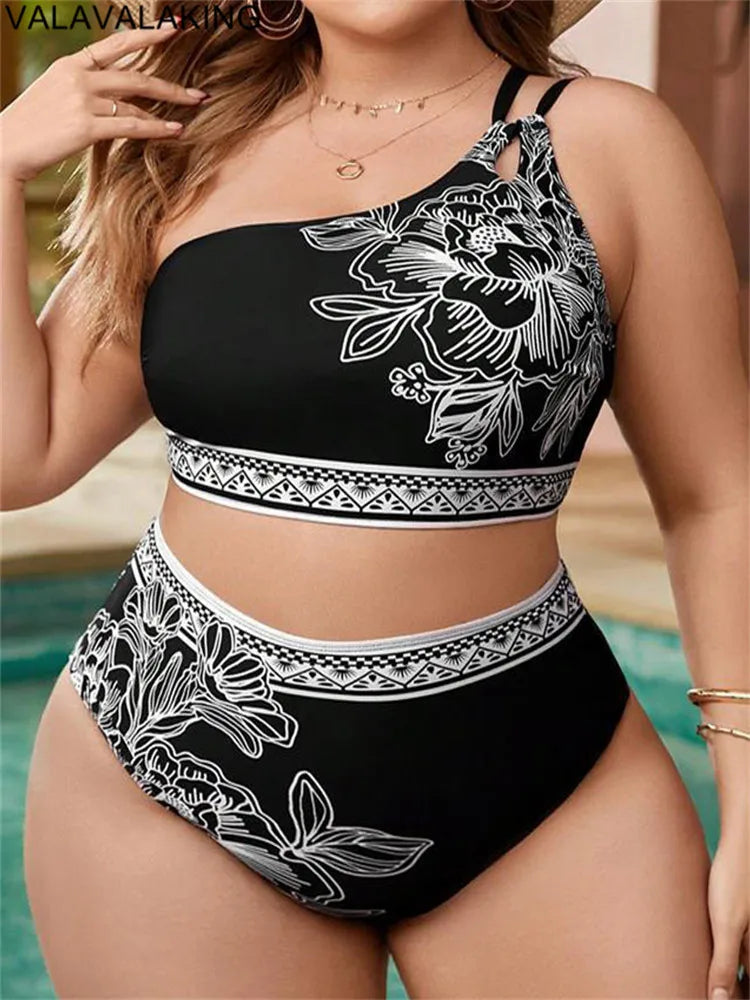 2025 Curvy Size One-shoulder Two Piece Bikini High Waist Swimsuit.