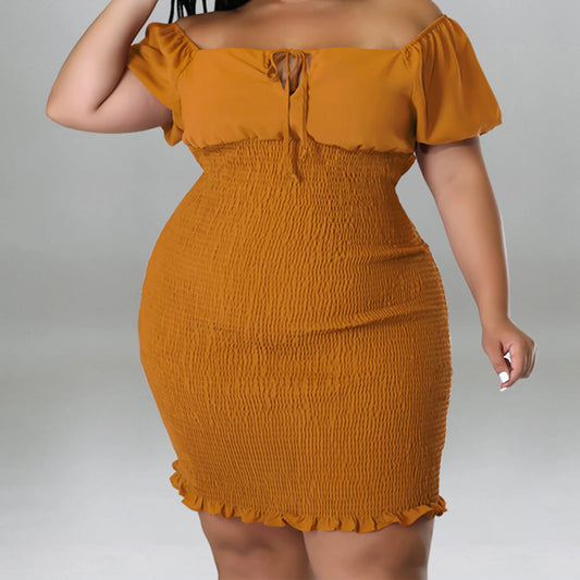 Summer Womens Plus Size Dress Sexy Short Sleeve Off Shoulder Ruffles Bodycon Sexy Solid Dress