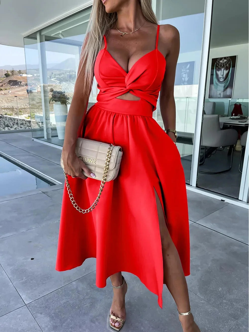 New Style Women's Sexy elegant V Neck  Open-Back Medium Length Dress.