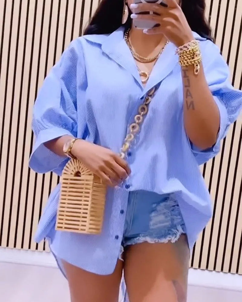 Spring Summer Women's Striped Back Hollow-out Split Drawstring Design Half Sleeves Loose Fit Shirt.