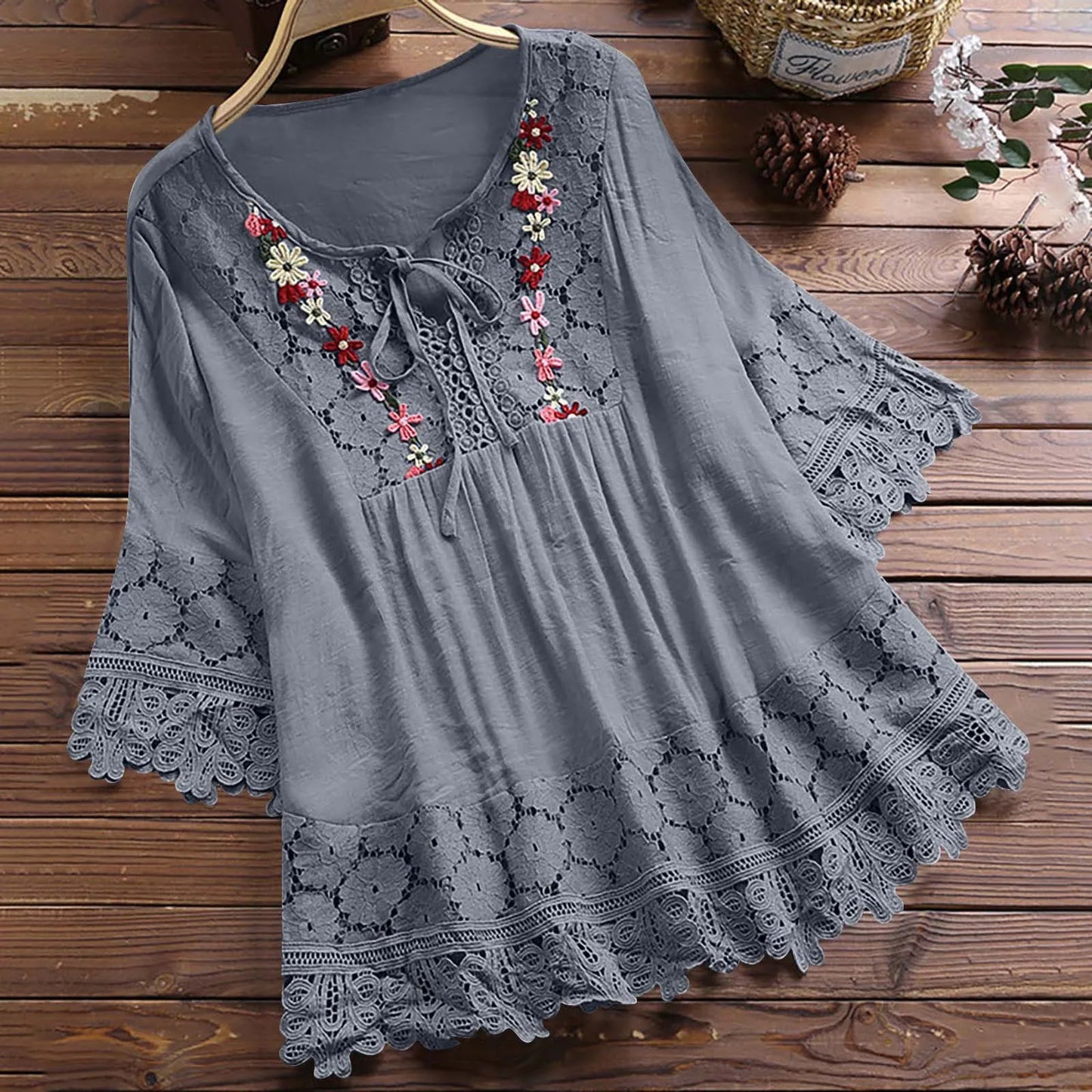 Ladies Solid Cotton And Linen Stitching Lace Flower V-neck Loose Fit Blouse.