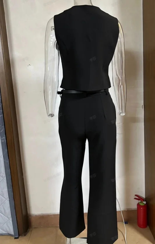 Ladies Pants and Blouse Set Summer Diagonal Collar Hanging Neck Slim Fit Top and High Waist Straight Leg Pant Suit