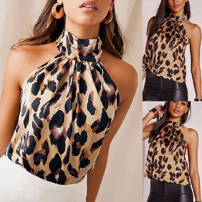 Sexy Leopard Print Casual Halter Sleeveless Blouse.  S-2X