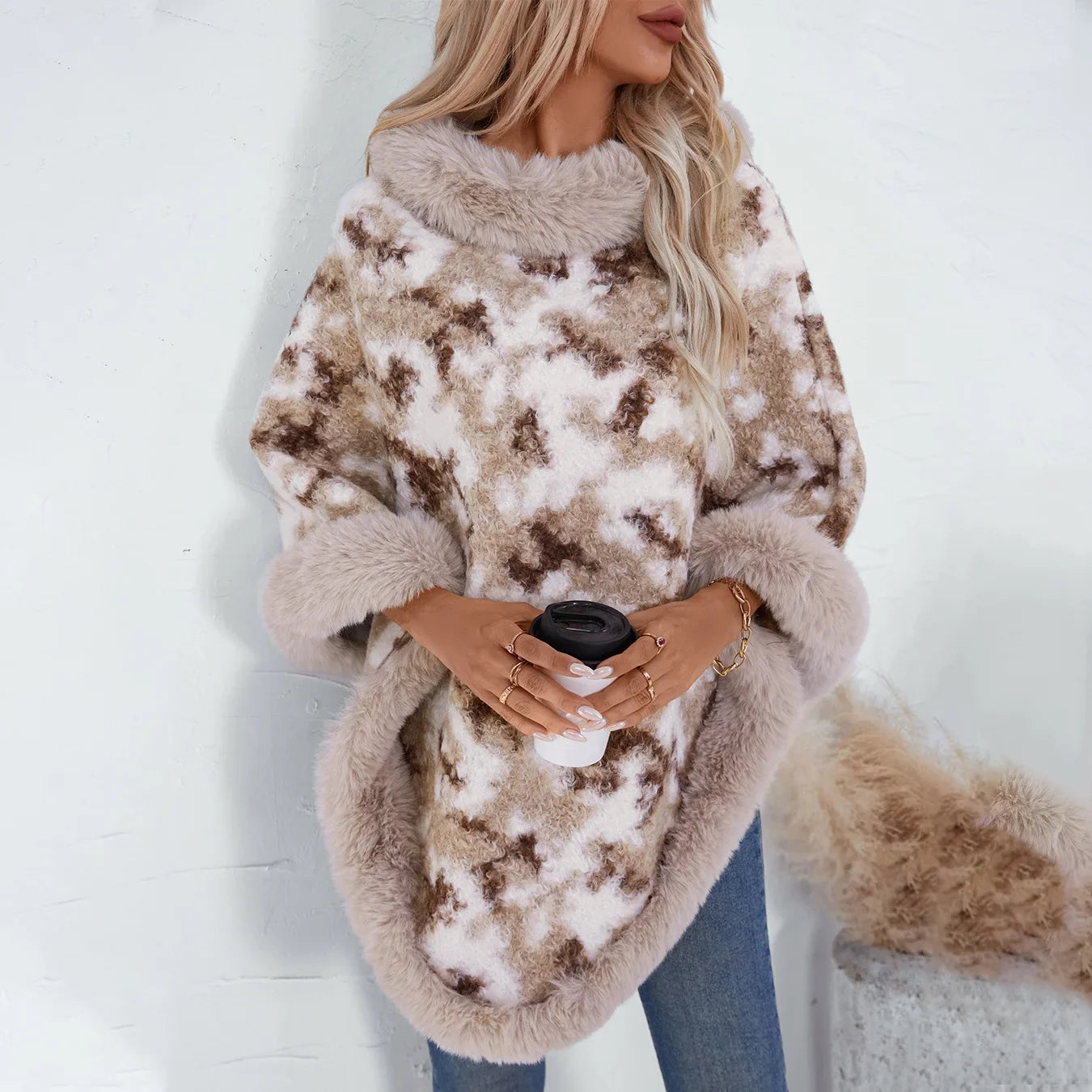 Knitted Cloak Sweater Printed Shawl Outwear Warm Thick Fur Collar Casual Loose Poncho Batwing Sleeve