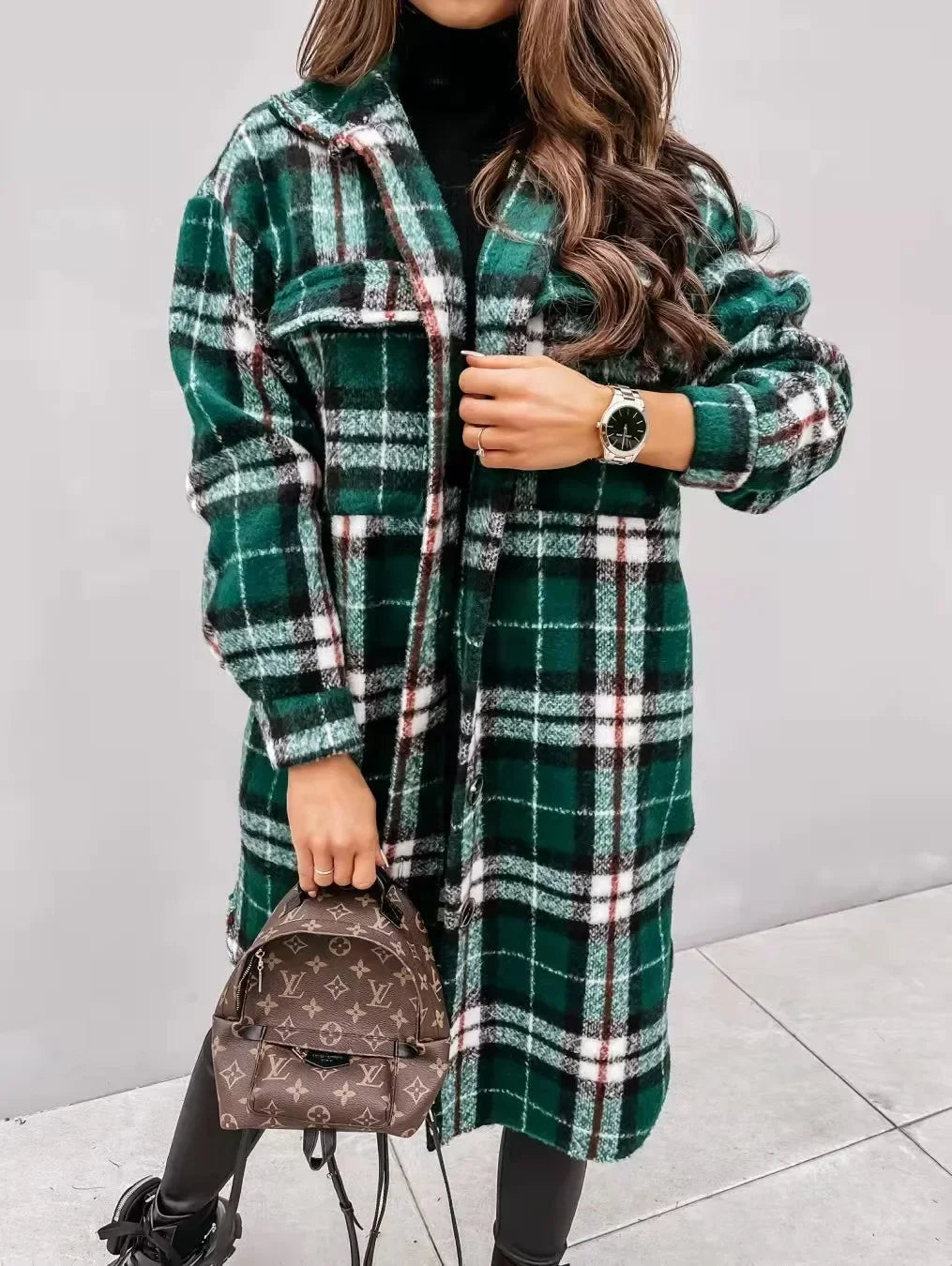 Jacket Spring and Autumn Jacket Women's Plaid Polished Long Sleeve And Pockets Outerwear.  S-2x