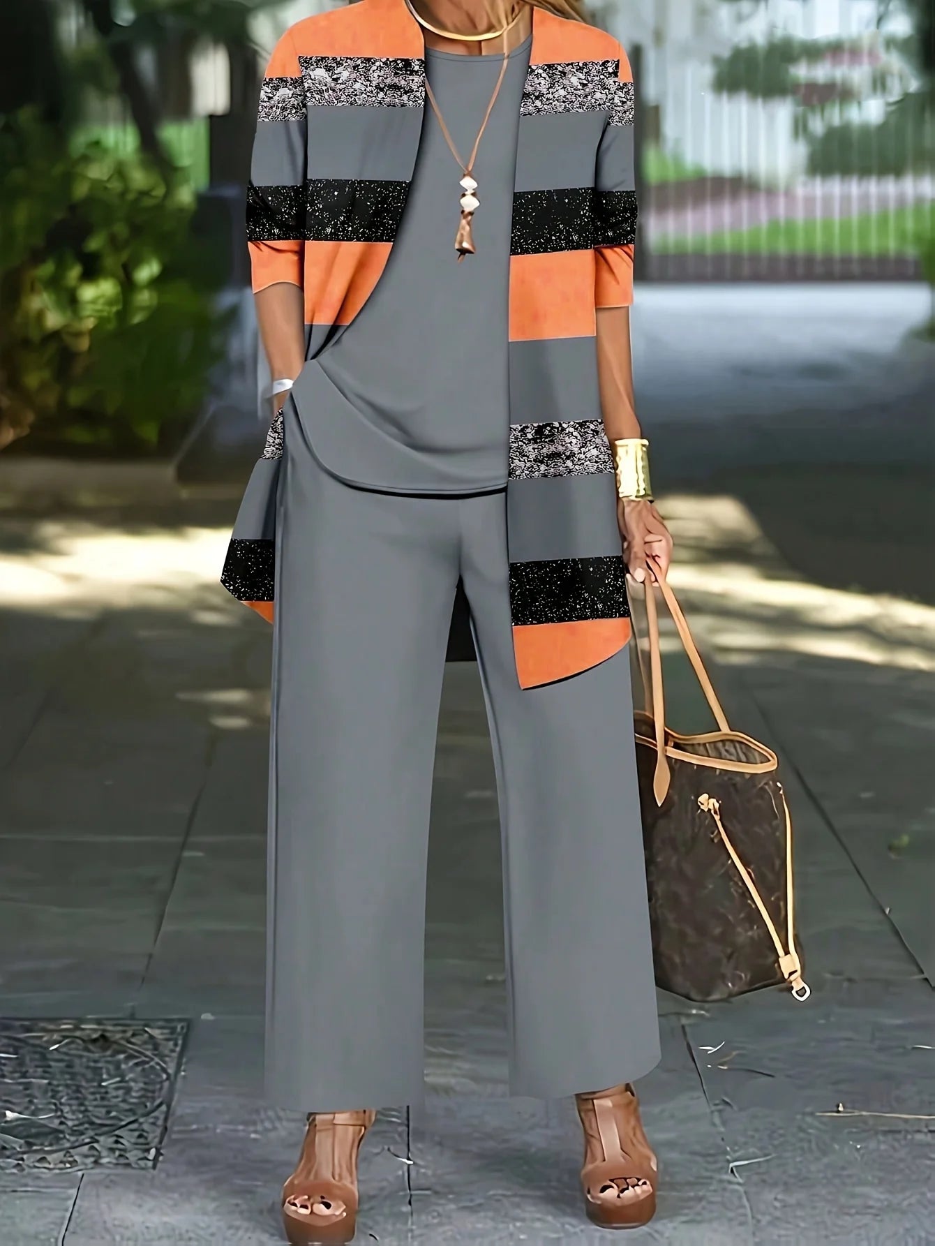 Plus Size 1XL-5XL Women's Fashion Three-Piece Outfit Set Ladies Casual Long Sleeve Cardigan Tank Top and Long Pants Outfit.