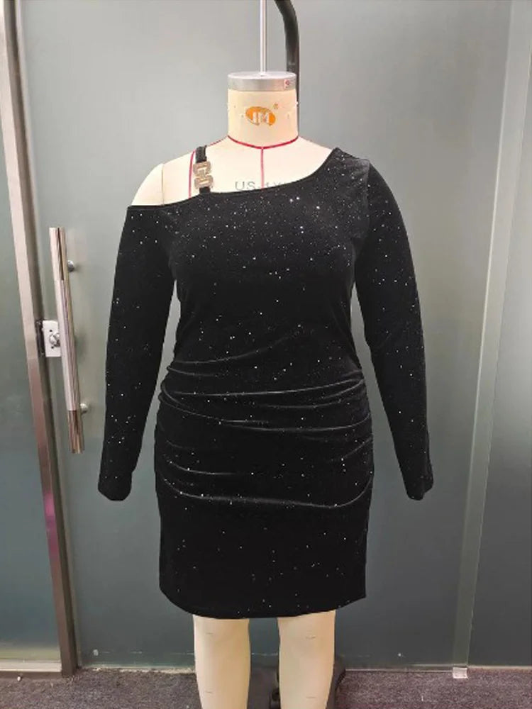 Plus Size Women Sexy Ruched Bodycon Glitter Dress New Long Sleeve Evening Party Elegant Dress