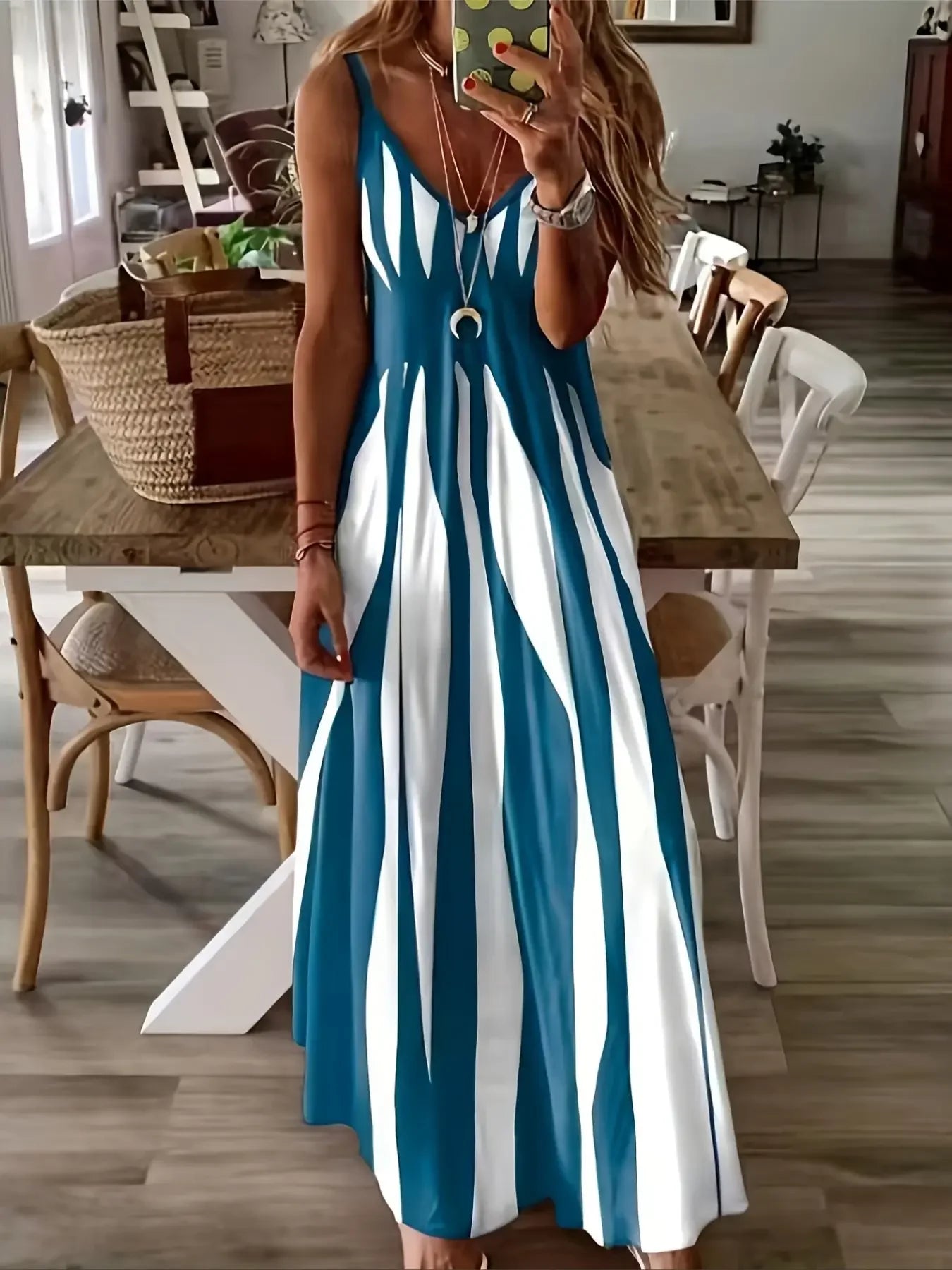 Woman's printed spring/summer new V-neck long dress.  S-XXL