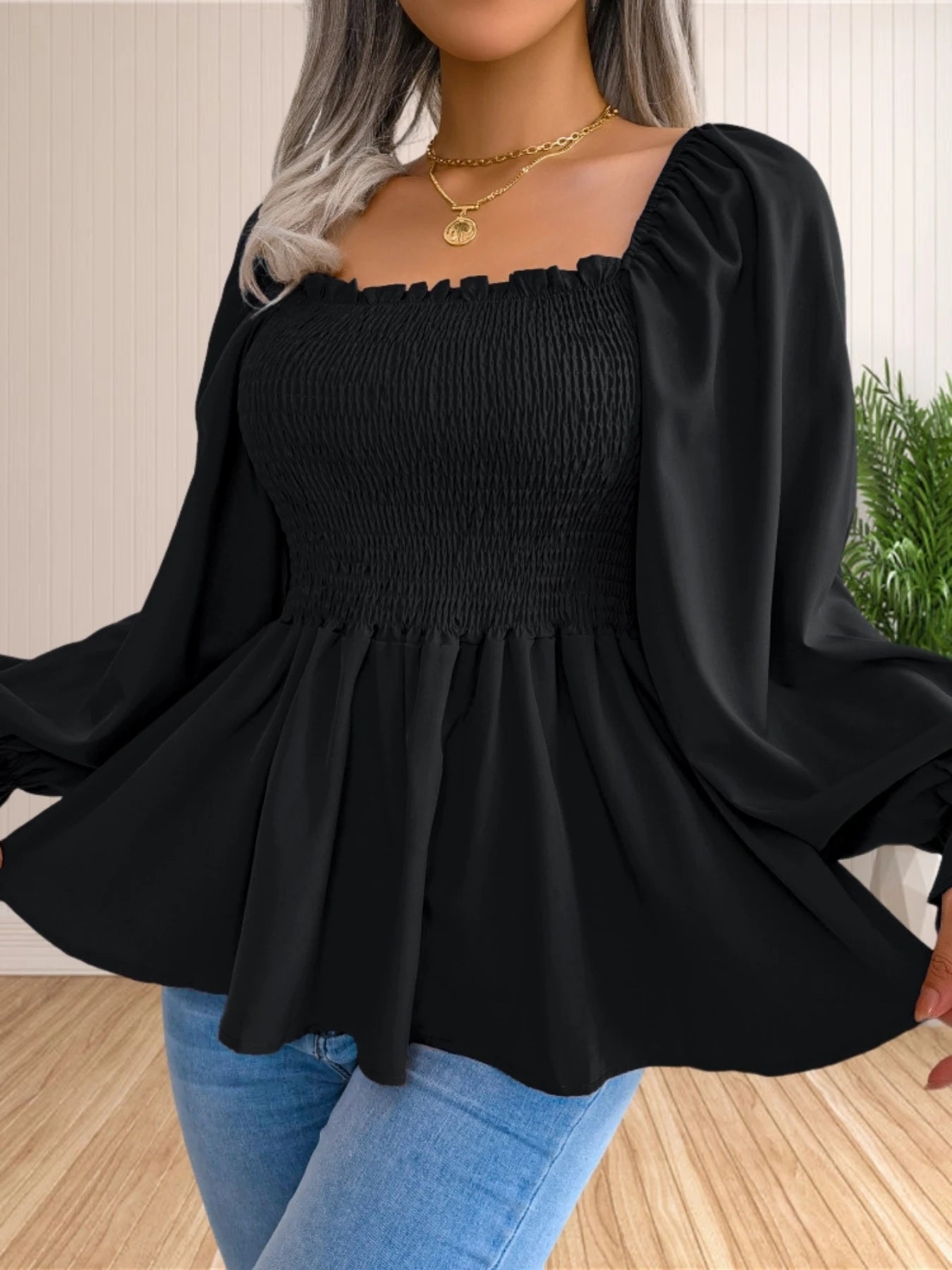 Women's Casual Long Sleeve Blouse Square Neck Smocked Ruffle Hem Slim Baby Doll Top. S-XL