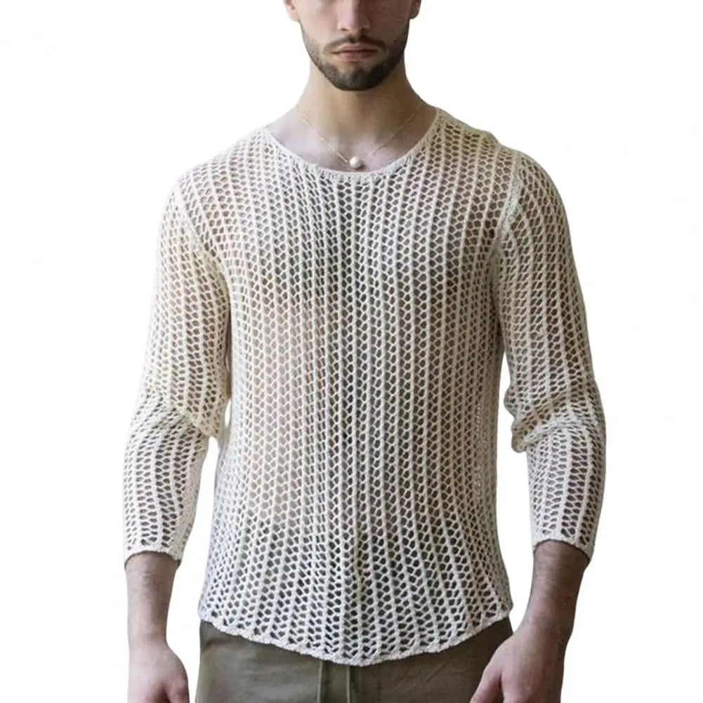 Men's Sexy Mesh Long Sleeve Round Neck Top