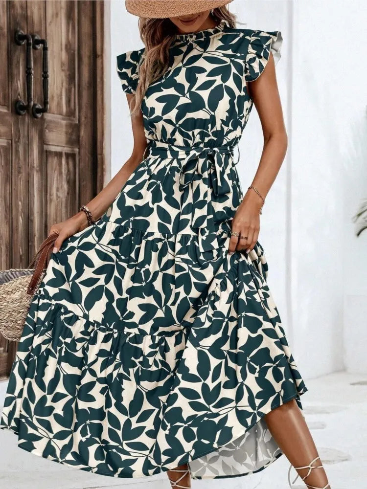 Elegant Women's Flower Midi Dress New Summer Fashion Stand Collar Flying Sleeve Dress Casual Dress.  S-2X