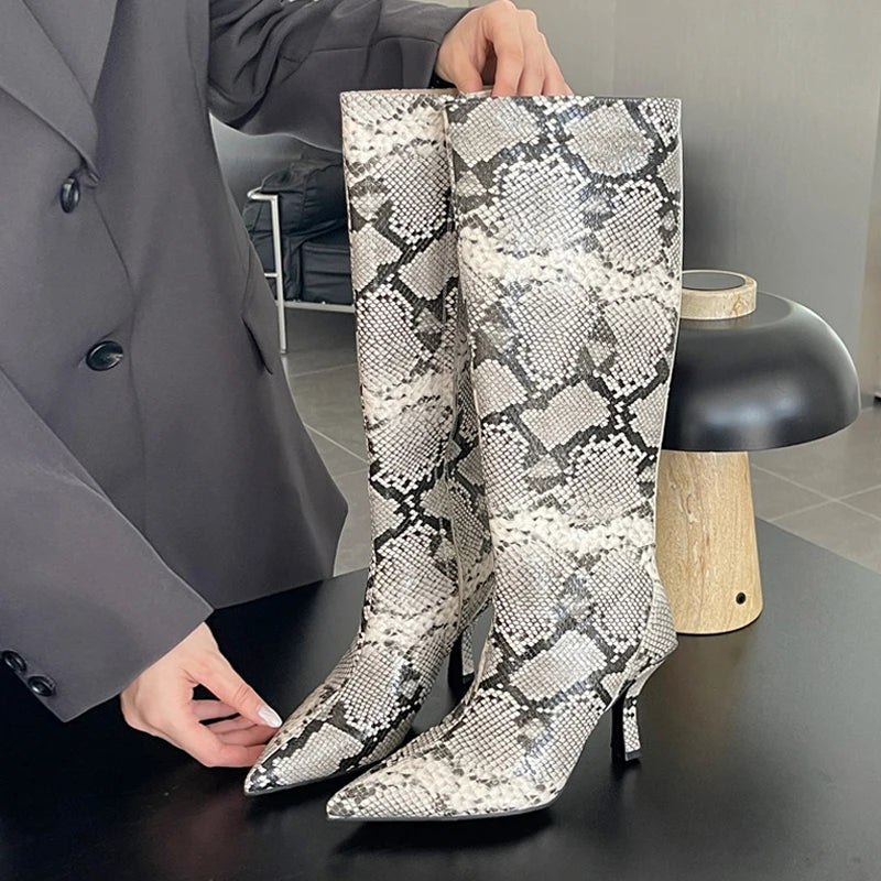 Women's Knee High Boots - Pointed Toe Zipper Boots with Thin Heels