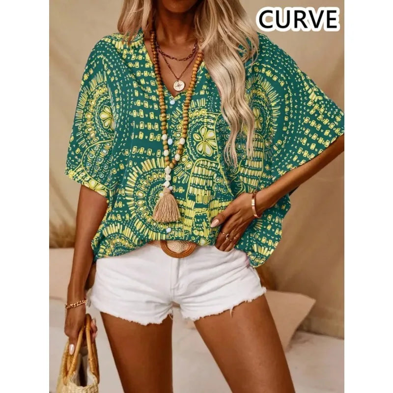Plus Size 1XL-5XL Women's Fashion Print V-Neck Bat-wing Sleeve Blouse Casual Short Sleeve Summer Shirt.