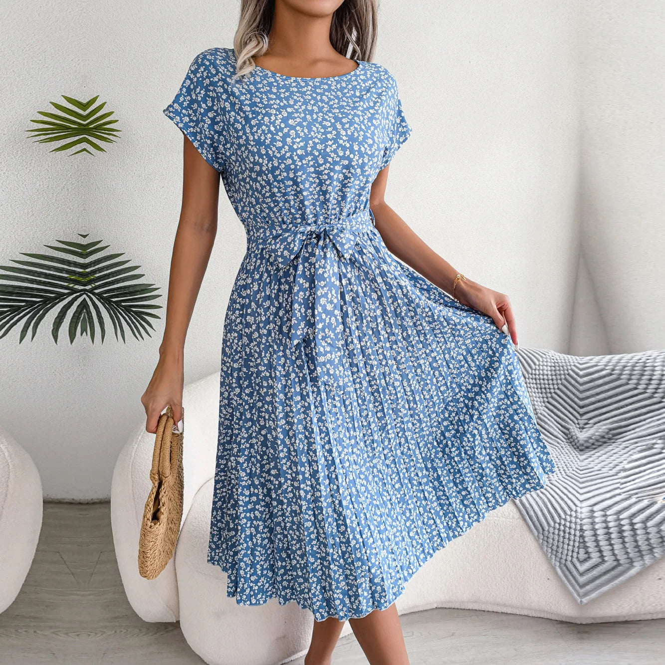 Women Spring Summer Short Sleeve High Waist Fashion Floral Pleated A Line Long Dress.  S-6X