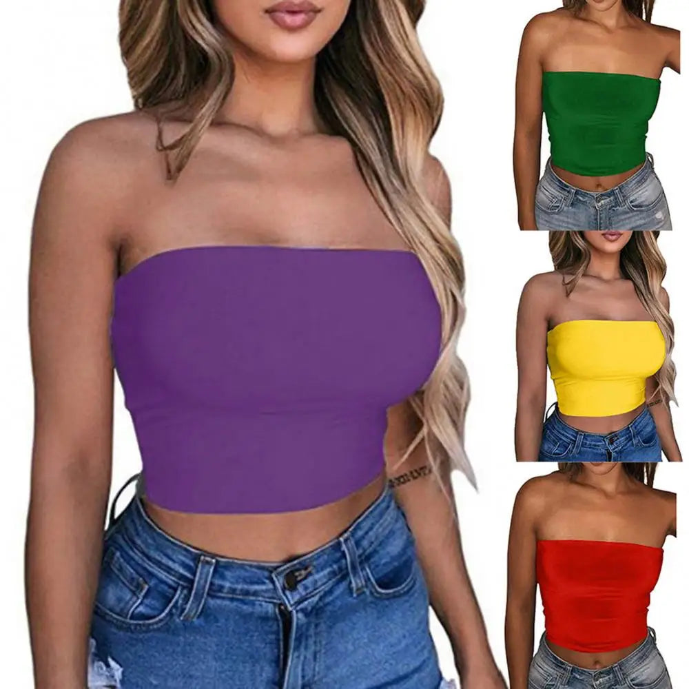 Women's Strapless Top Sexy Sleeveless Crop Top Bandeau Tube Top.  S-XL