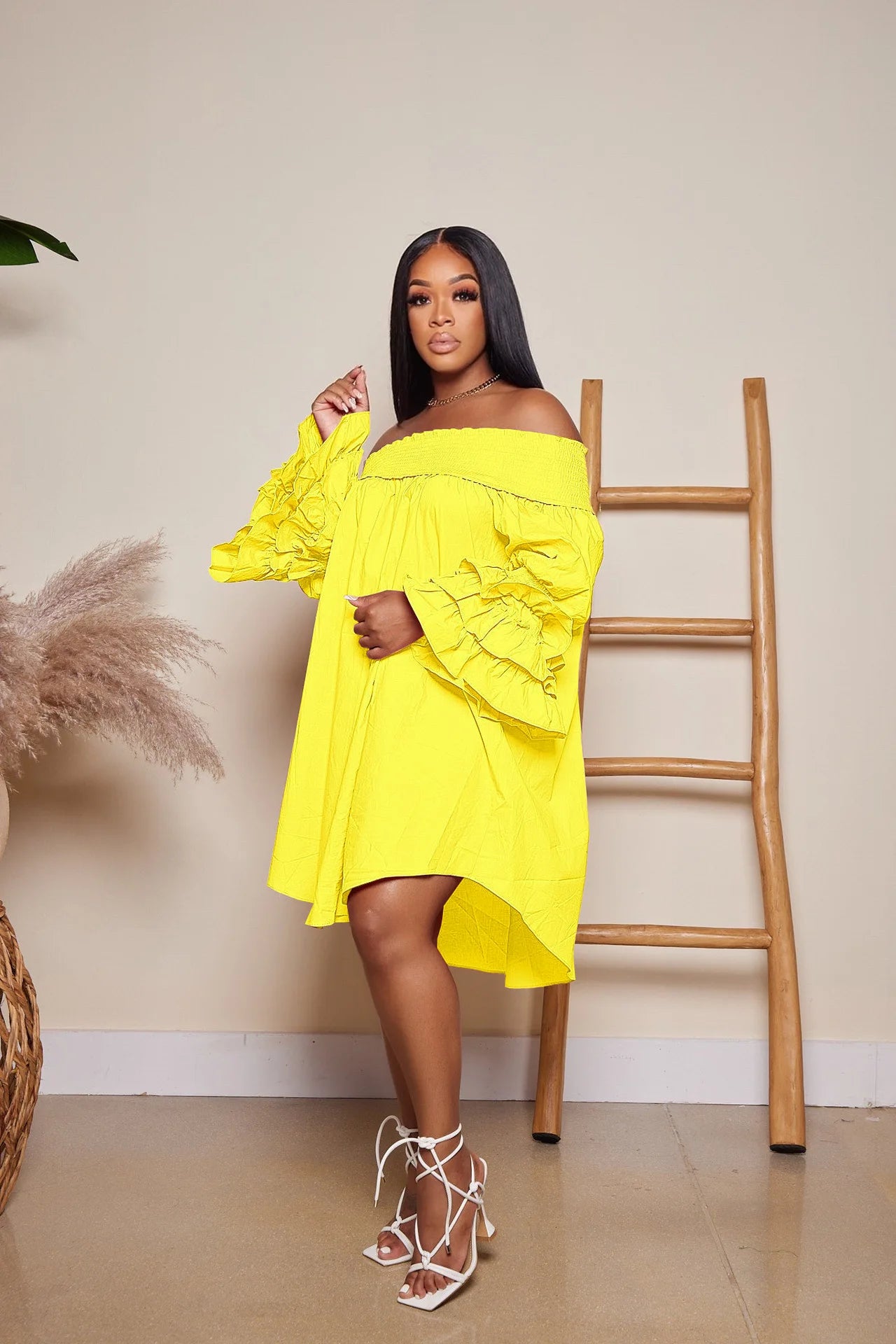 Casual Dress Loose Sexy Abstract Print Shirred Off Shoulder Fashion Casual Ruffles Dress Slash Neck.  S-XL
