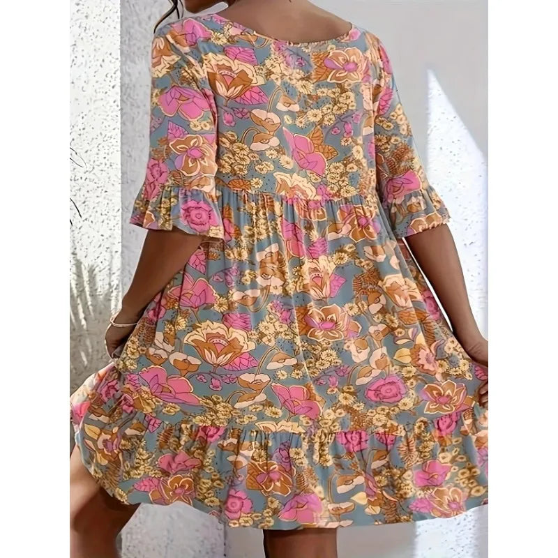 Plus Size 1XL-5XL Women's Fashionable Ruffle Sleeve V-neck Pleated Printed Casual and Comfortable Dress.