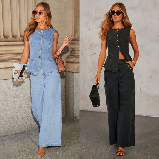 Retro 2 Piece Women's Summer Sleeveless Denim Vest, High Waist Wide Leg Pants.  S-xxL