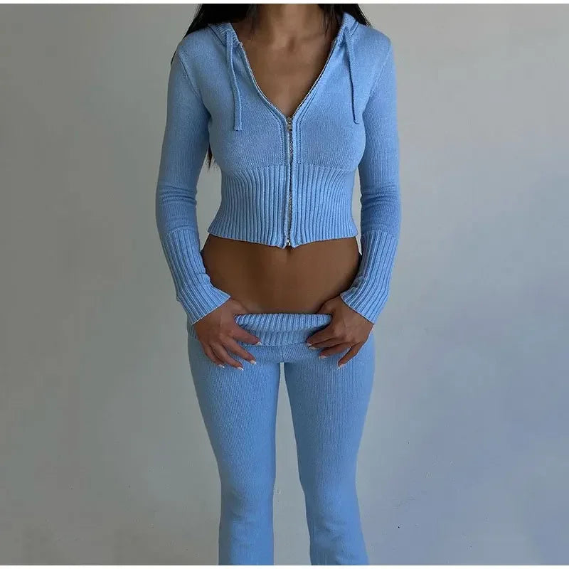 Fashion Women Ribbed Knit 2 Piece Outfit Long Sleeve Zip-Up Slim Fit Hooded Crop Top And Long Pants Set