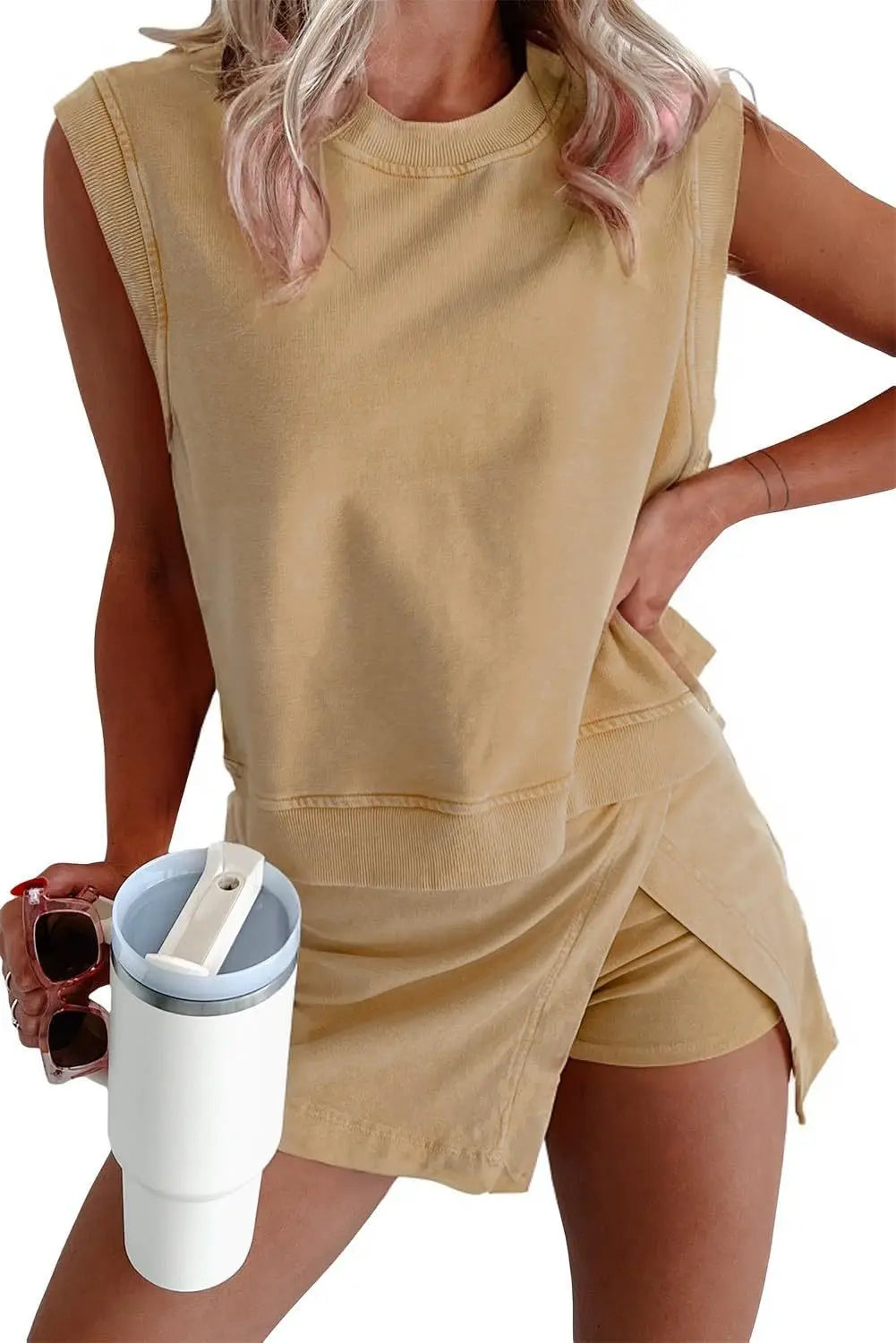 Cotton Casual Outfit Pullover Short Sleeve Top And Splicing High Waist Shorts Two Piece Set.  S-XL