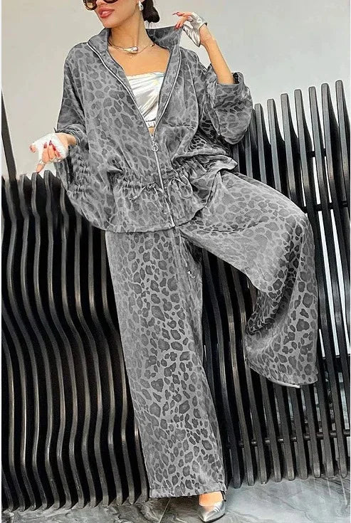 Fashion Leopard Print Casual Lace-up Waist Women's Suit New Loose Wide-leg Pants Elegant 2 Piece Set.  S-3X