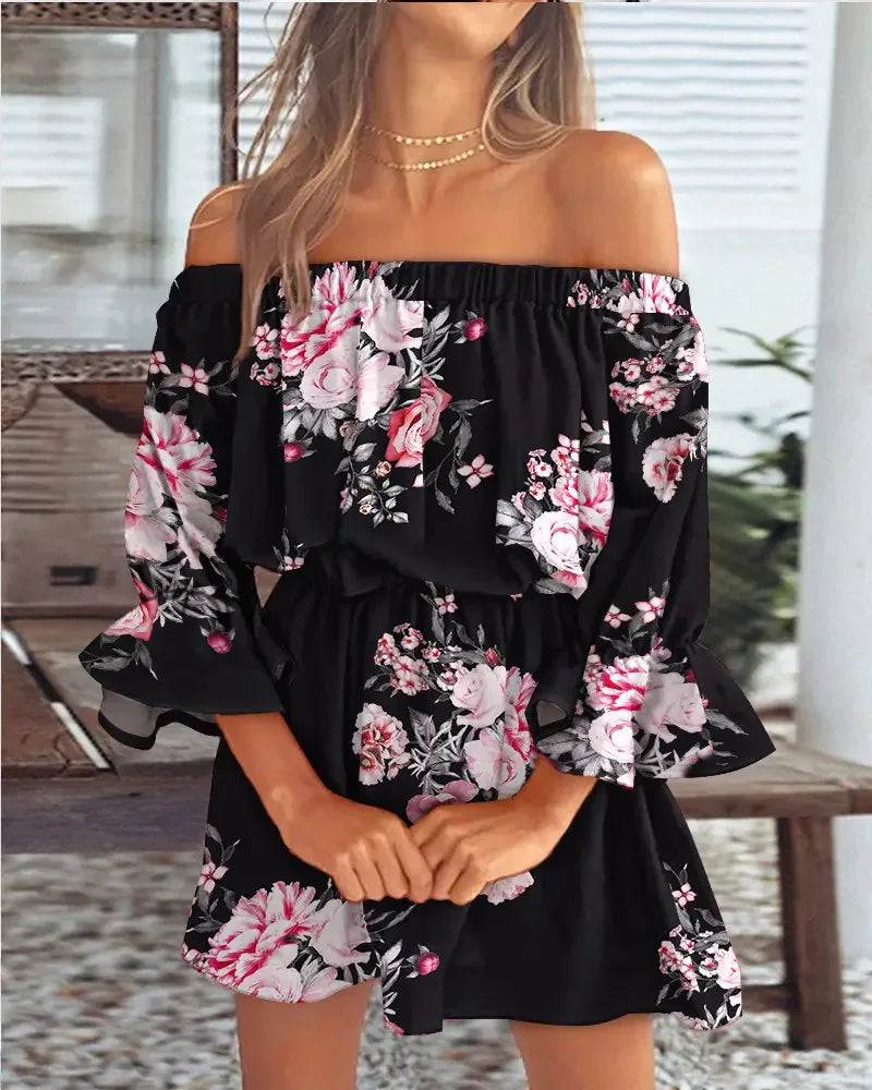 Sexy Neck Long Flare Sleeve Floral Print Mini Summer Boho Style Dress.  S-3x