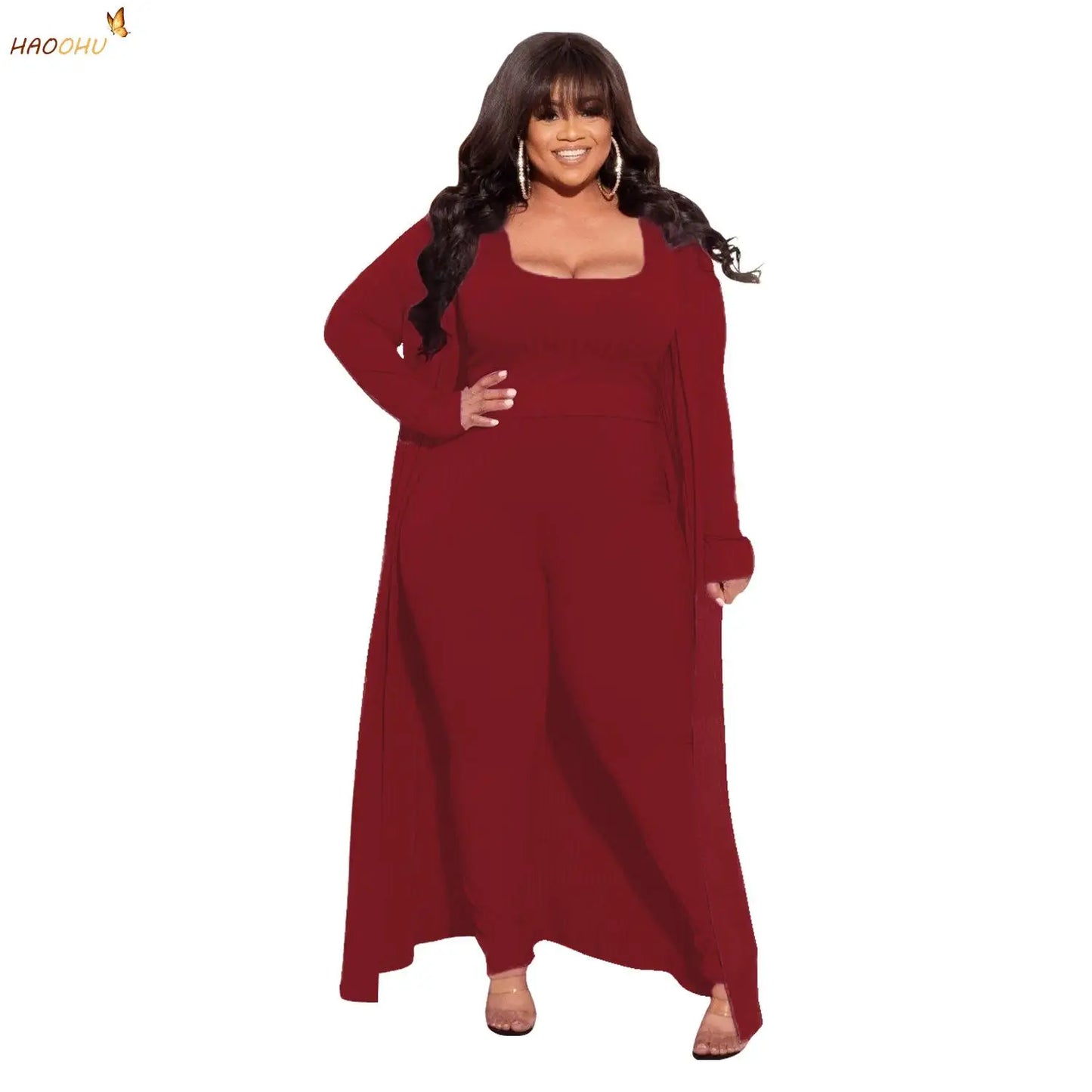 Plus Size Set Flattering long-sleeved Sweater High Elasticity 3 Piece Outfit