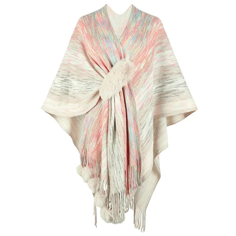 Shawl Women Full Sleeve Tassel Elegant Splice Open Stitch Poncho. (One Size)