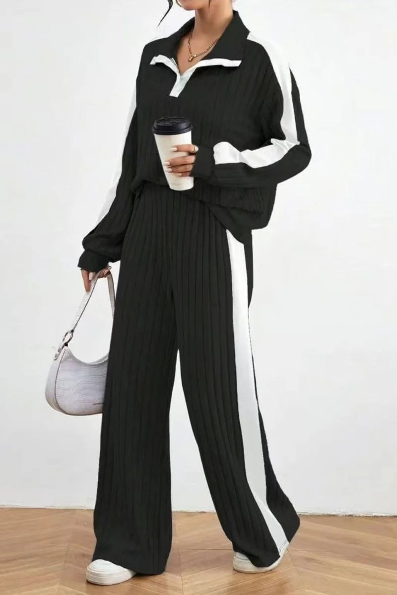 Ladies' winter casual knitted suit with long-sleeved top and trousers.