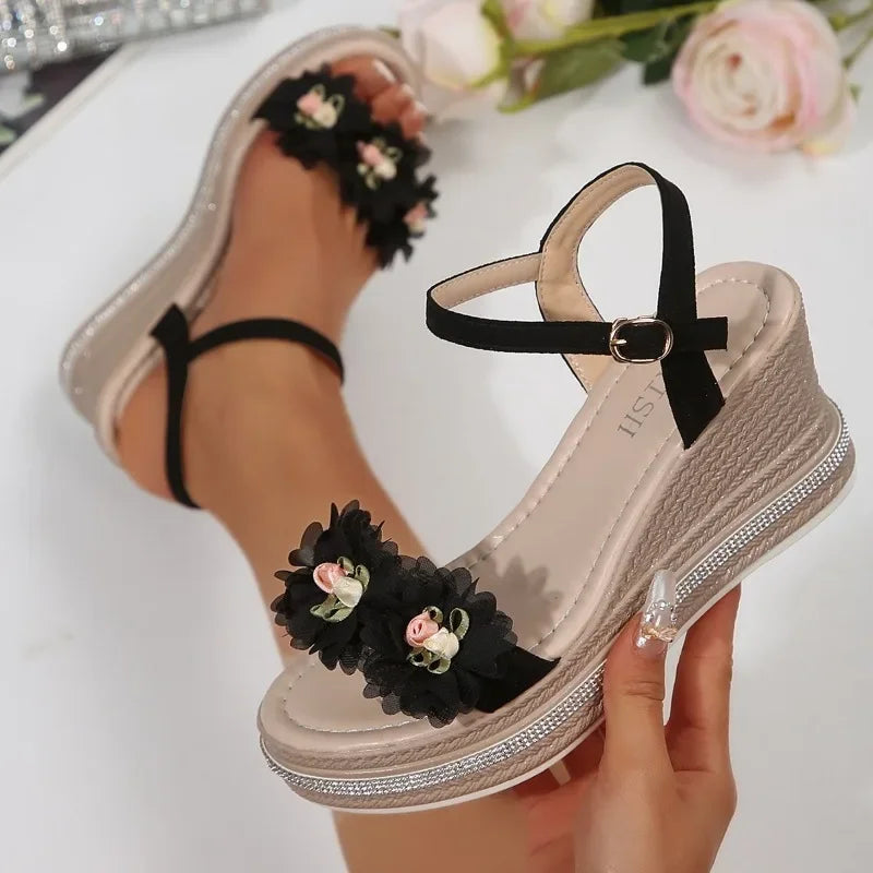 Open Toe Women's Sandals Fashion Floral Buckle Strap Wedges Shoe