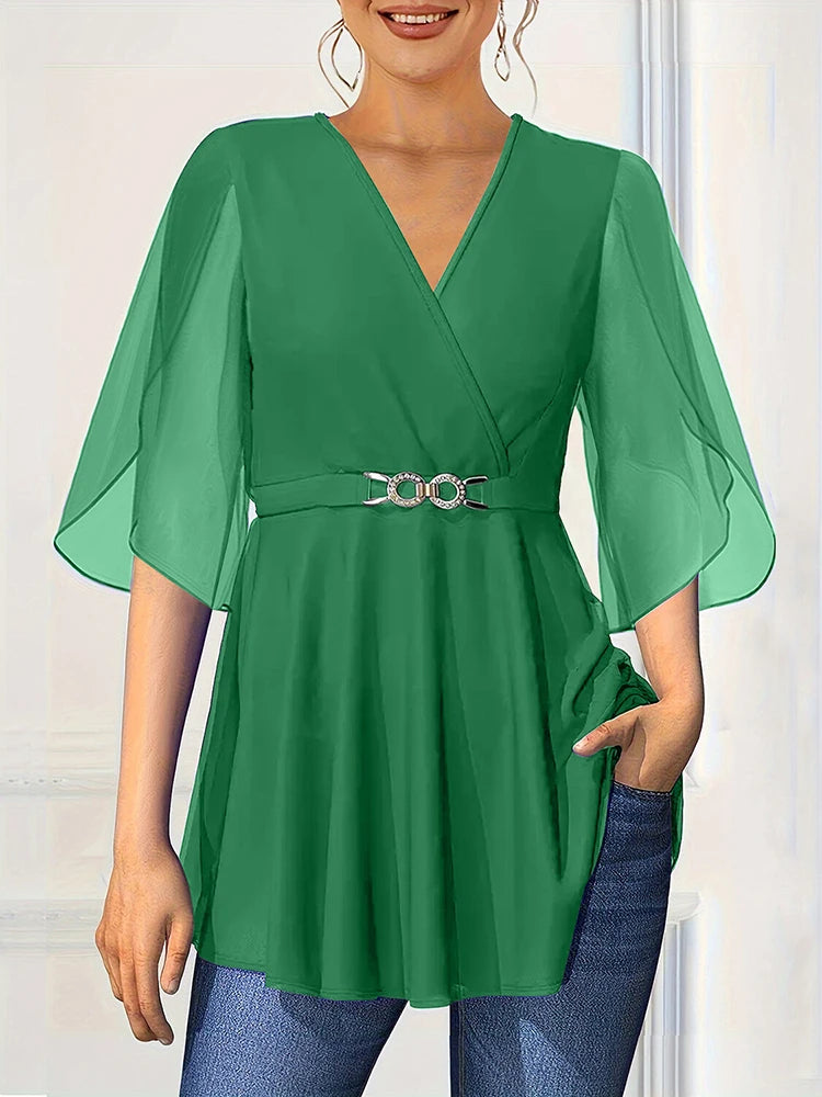Women's Plus Chiffon Blouse Half Sleeve Split V-Neck with Belt Ruched Casual Vintage Blouse