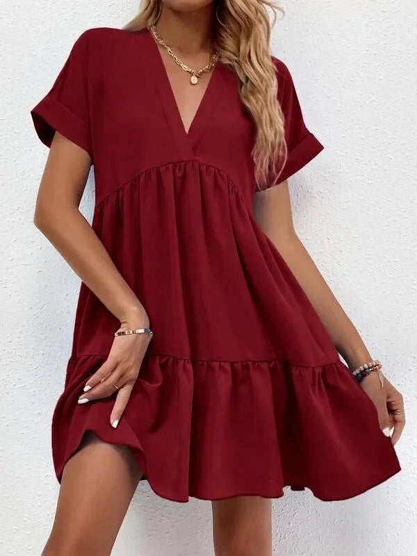 Women's Casual Short Skirt Fresh  Sweet V-neck Cake Solid Color Big Swing Elegant Summer New Solid Color Holiday Mini Dress