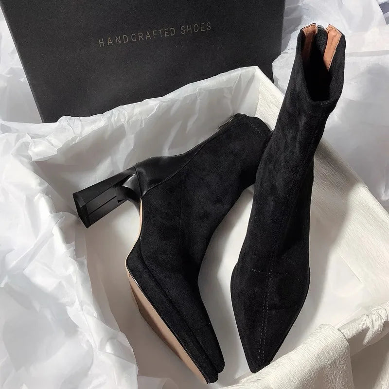 New Women High Heels Pointed Toe Ankle Luxury Boots Suede Chunky Fashion Boot.  Zapatos Mujer