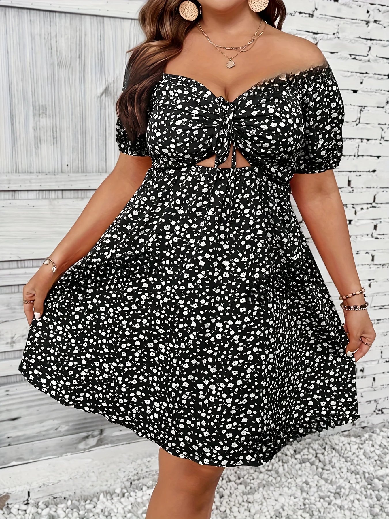 Curvy Size Summer Ladies Elegant Floral Print Off the Shoulder Dress.