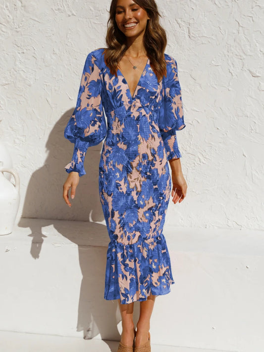 Floral Print Lantern Long Sleeve Elastic Midi Dress Women Chiffon Sexy Bodycon Ruffle Elegant Evening Party Dress.  S-2X