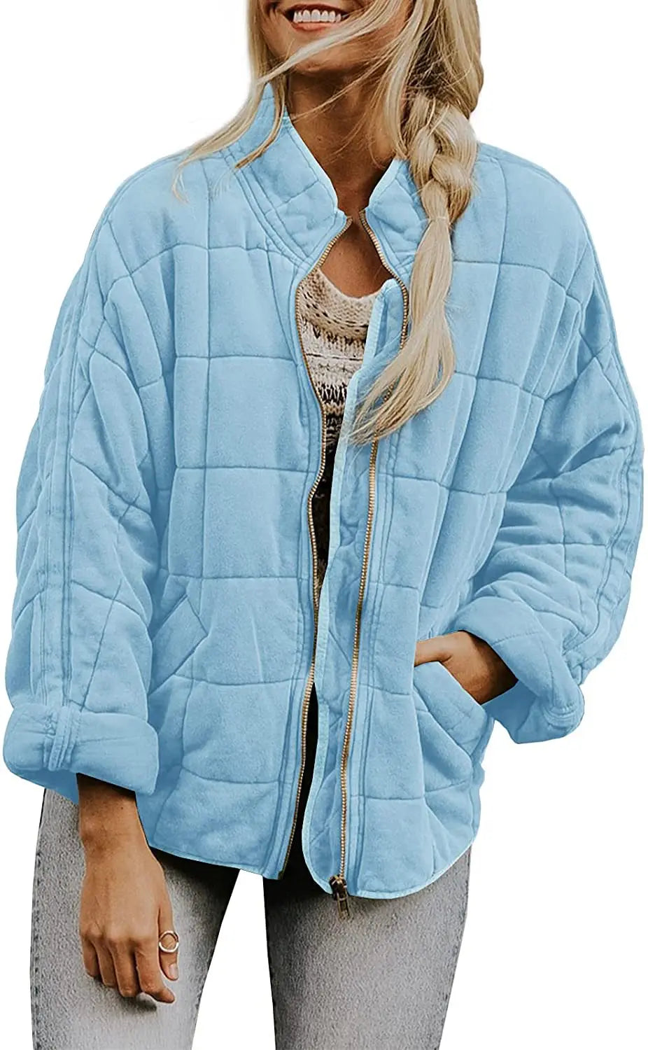 Solid Colour Stand-up Neck Cotton Jacket New Loose Pocket Long-sleeved.  S-2X
