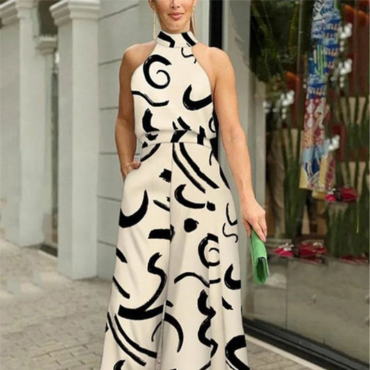 Women's Elegant Jumpsuit Wide Leg Long Pant Summer Sexy Sleeveless Women Casual Print Jumpsuit.  S-3X