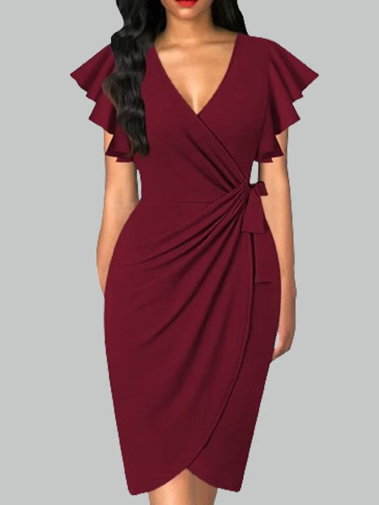 Summer Elegant V-Neck Petal Sleeve Solid Colour Pleated Dress.  S-2X
