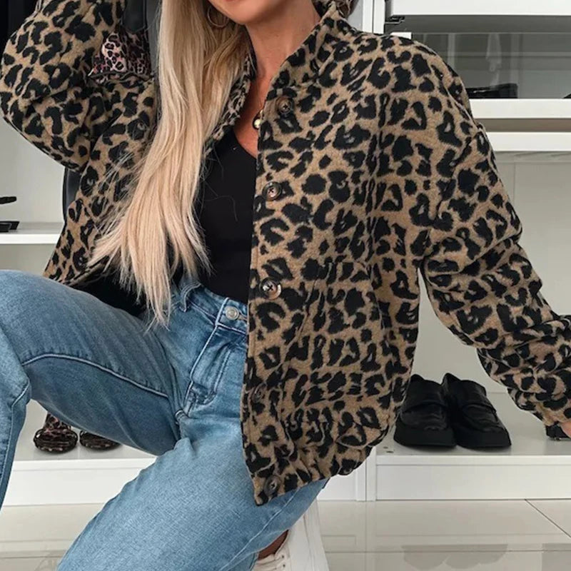 Women Casual Long Sleeve Pocket Elegant Stand Neck Single-breasted Fashion Leopard Printed Loose Short Jacket.  S-2X