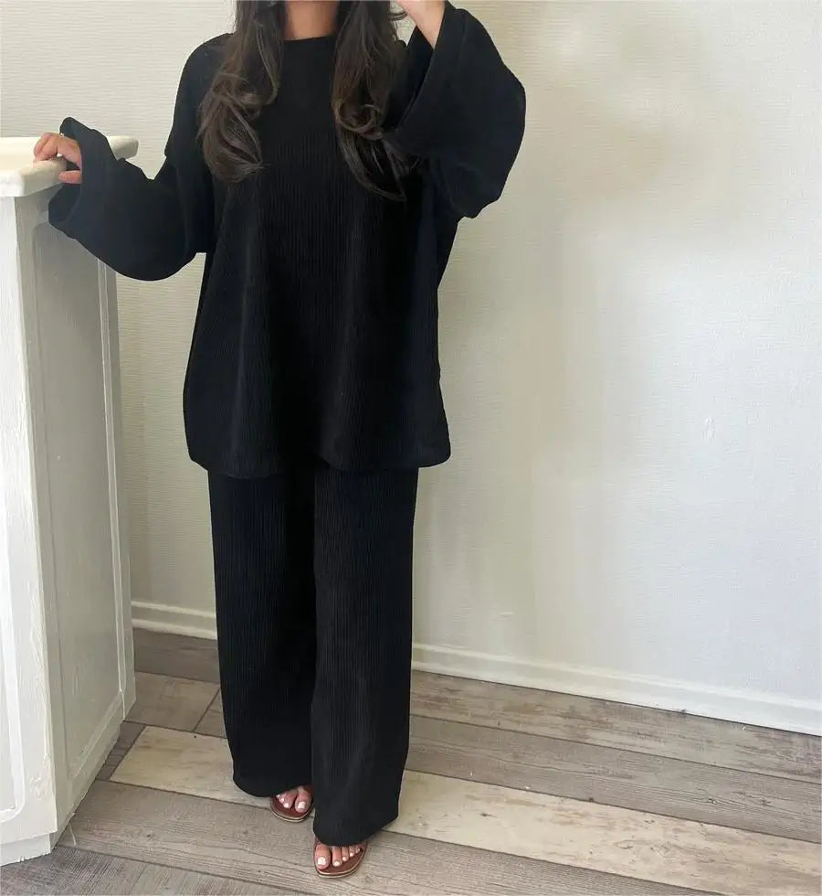 Elegant Female Fashion Solid Set Loose Long Sleeve Pullover Top Wide Legs  2 Piece Set. S-XL