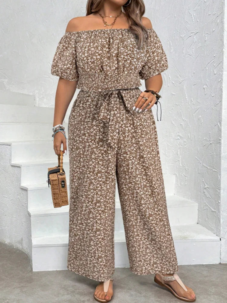 Plus Size Woman Outfit Floral Off Shoulder Crop Top Casual Wide-leg Pants Summer Two Piece Set