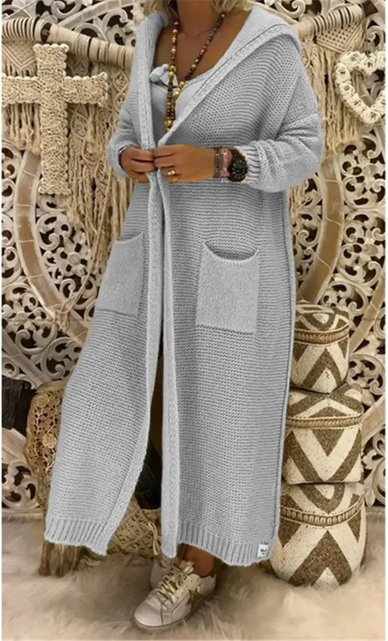 Long Sweater Women Knitted Cardigan Autumn Winter Solid Color Loose Hooded Pocket Casual Fashion Sweater.