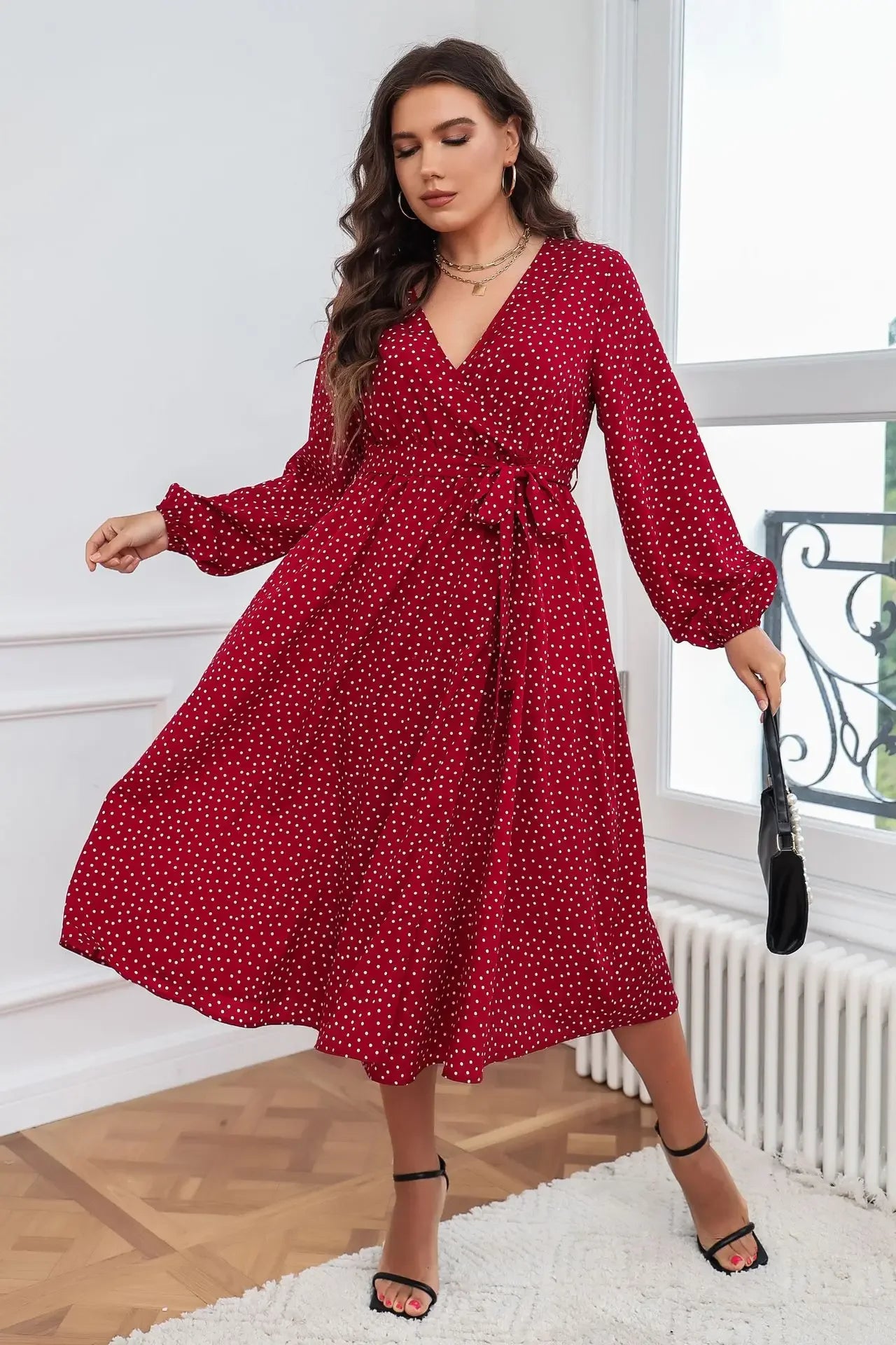 Plus Size Wrap V Neck Dresses Dotted Print Long Sleeves Boho Spring Fall A Line Swing Maxi Dress